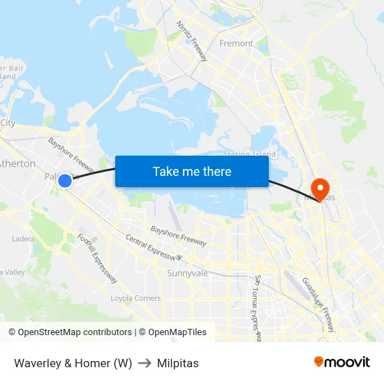 Waverley & Homer (W) to Milpitas map