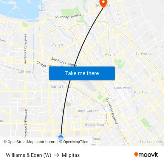 Williams & Eden (W) to Milpitas map