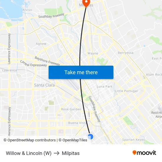 Willow & Lincoln (W) to Milpitas map