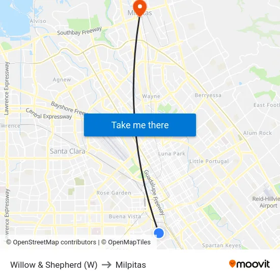 Willow & Shepherd (W) to Milpitas map