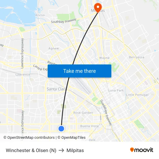 Winchester & Olsen (N) to Milpitas map