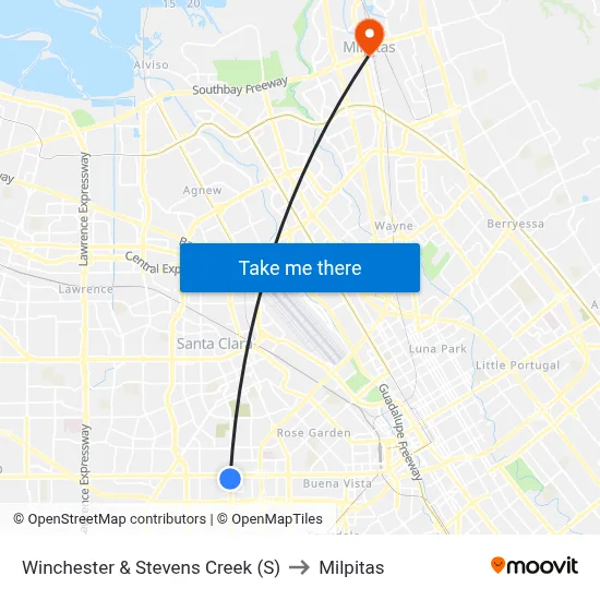 Winchester & Stevens Creek (S) to Milpitas map