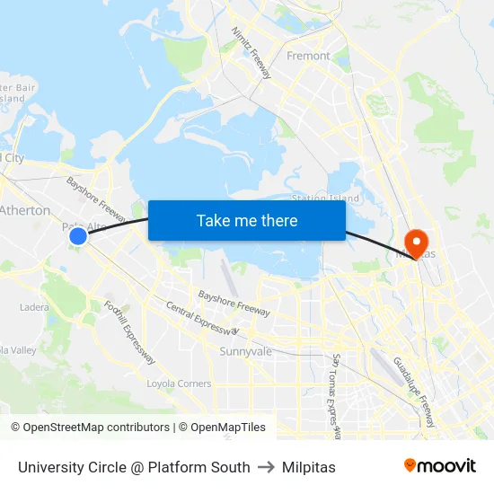 University Circle @ Platform South to Milpitas map