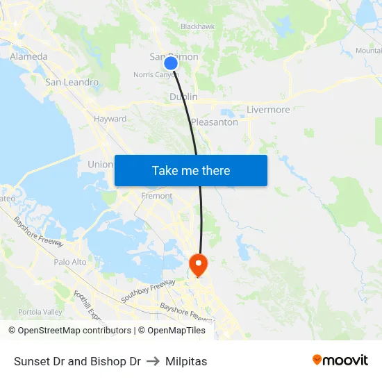 Sunset Dr and Bishop Dr to Milpitas map