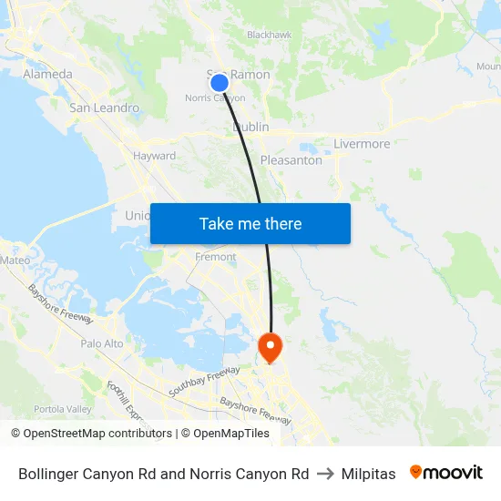 Bollinger Canyon Rd and Norris Canyon Rd to Milpitas map