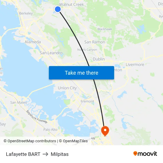Lafayette BART to Milpitas map