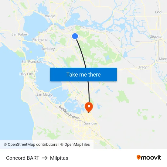 Concord BART to Milpitas map
