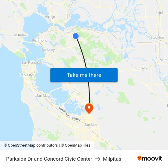 Parkside Dr and Concord Civic Center to Milpitas map