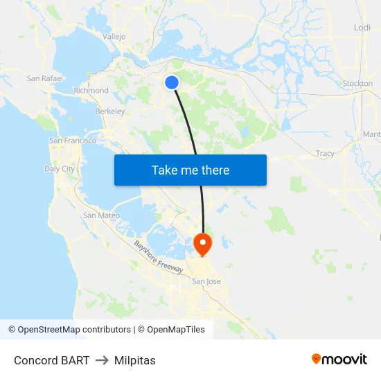 Concord BART to Milpitas map