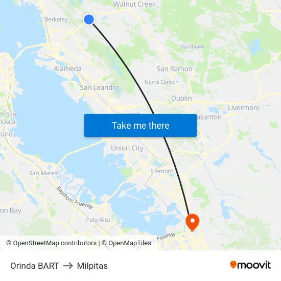 Orinda BART to Milpitas map