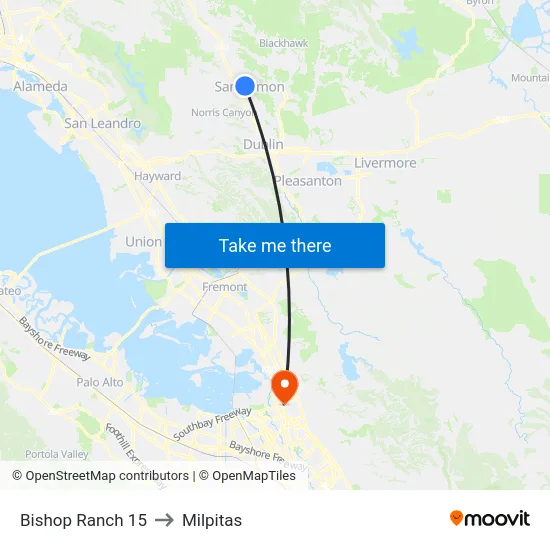 Bishop Ranch 15 to Milpitas map