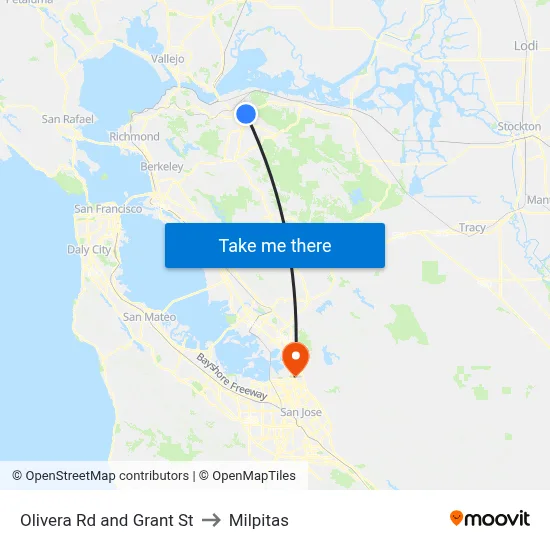 Olivera Rd and Grant St to Milpitas map