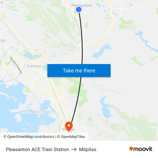 Pleasanton ACE Train Station to Milpitas map