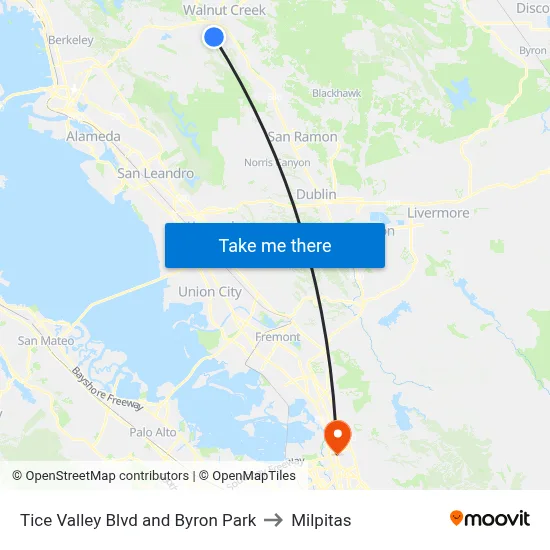 Tice Valley Blvd and Byron Park to Milpitas map