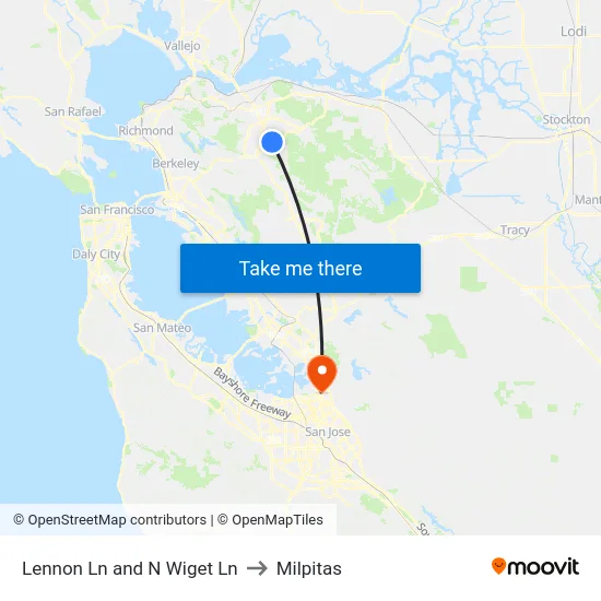 Lennon Ln and N Wiget Ln to Milpitas map