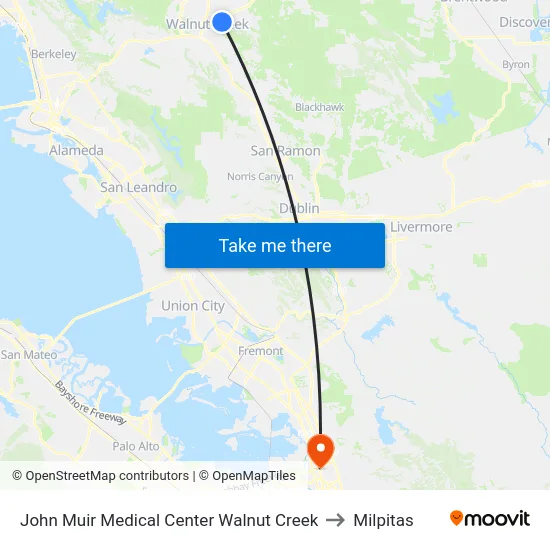 John Muir Medical Center Walnut Creek to Milpitas map