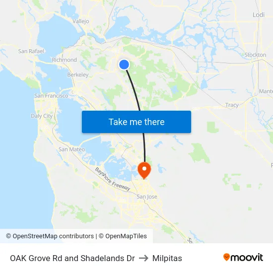 OAK Grove Rd and Shadelands Dr to Milpitas map