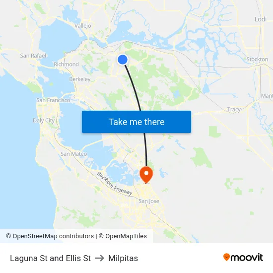 Laguna St and Ellis St to Milpitas map