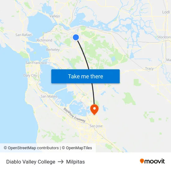 Diablo Valley College to Milpitas map