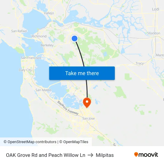 OAK Grove Rd and Peach Willow Ln to Milpitas map