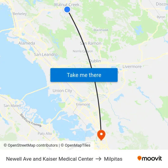 Newell Ave and Kaiser Medical Center to Milpitas map