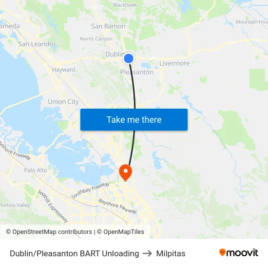 Dublin/Pleasanton BART Unloading to Milpitas map