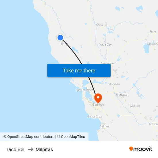 Taco Bell to Milpitas map