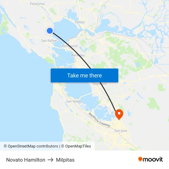 Novato Hamilton to Milpitas map
