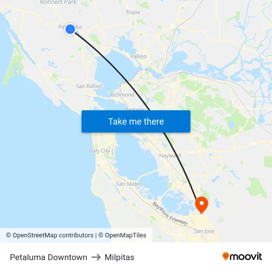 Petaluma Downtown to Milpitas map