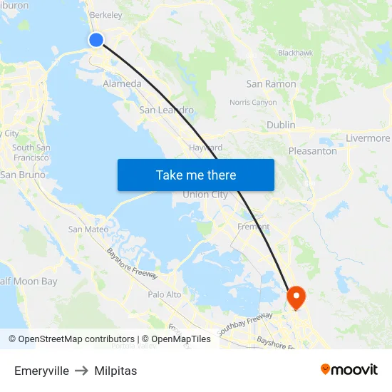 Emeryville to Milpitas map