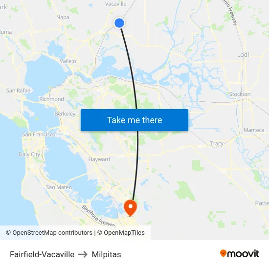 Fairfield-Vacaville to Milpitas map