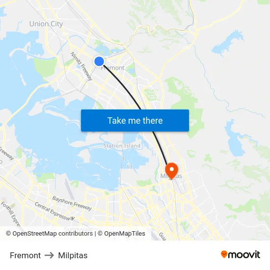 Fremont to Milpitas map