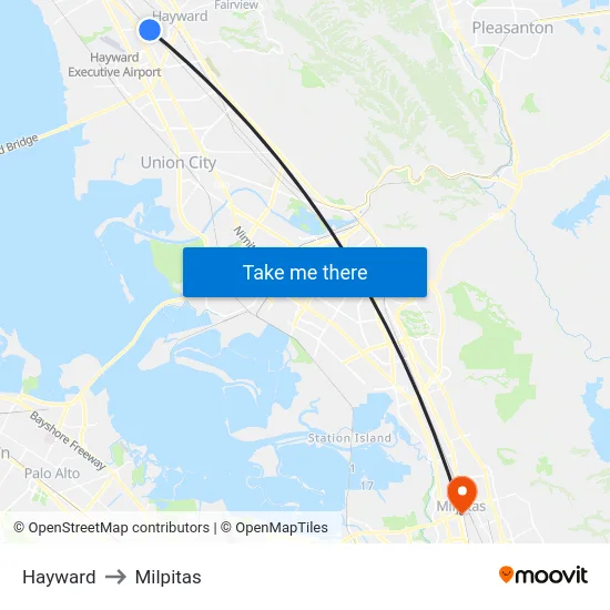 Hayward to Milpitas map