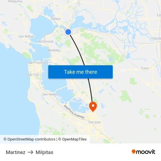 Martinez to Milpitas map