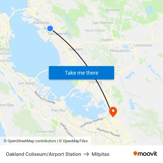 Oakland Coliseum/Airport Station to Milpitas map