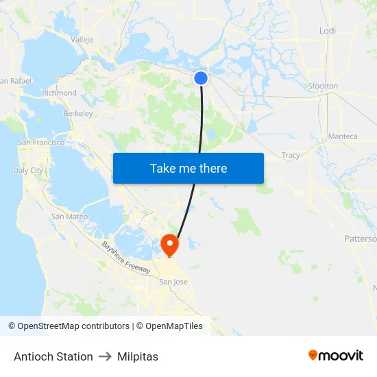 Antioch Station to Milpitas map