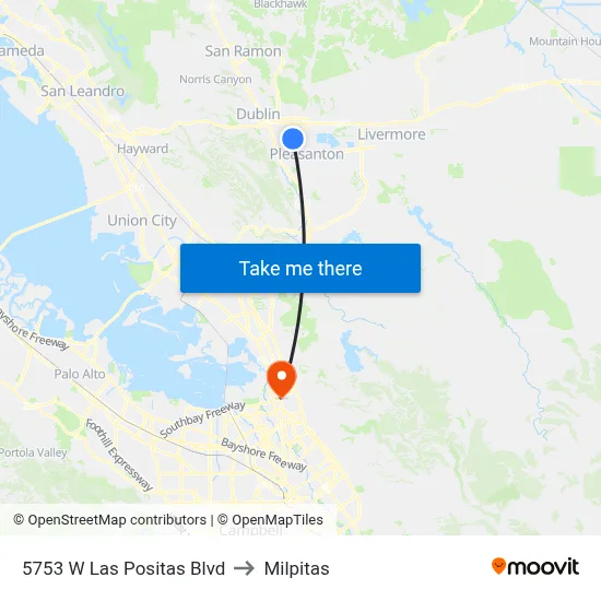 5753 W Las Positas Blvd to Milpitas map