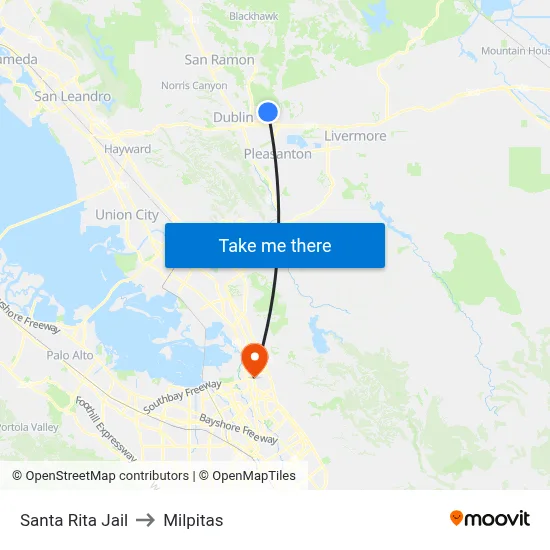 Santa Rita Jail to Milpitas map
