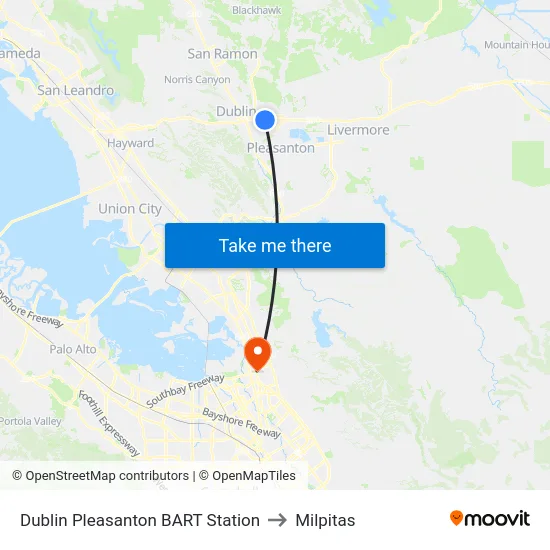 Dublin Pleasanton BART Station to Milpitas map