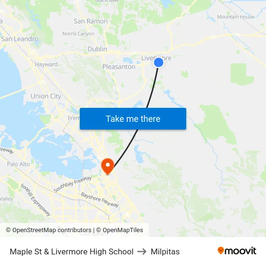 Maple St & Livermore High School to Milpitas map