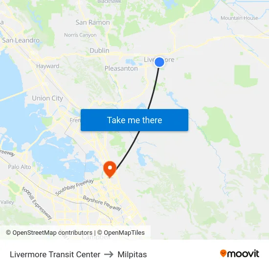 Livermore Transit Center to Milpitas map