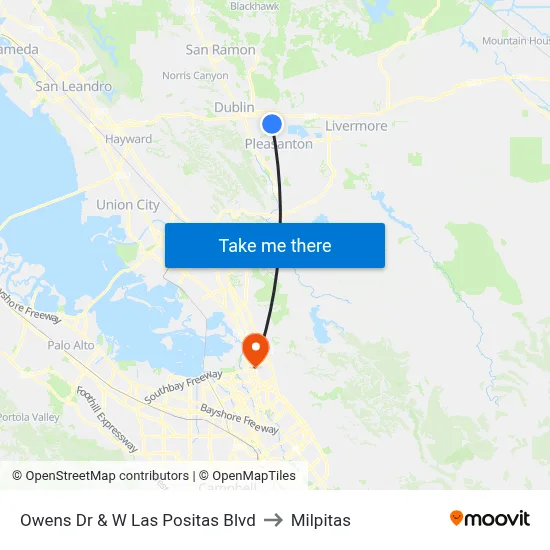 Owens Dr & W Las Positas Blvd to Milpitas map