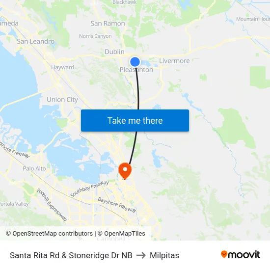 Santa Rita Rd & Stoneridge Dr NB to Milpitas map