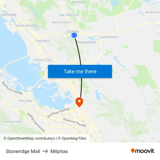 Stoneridge Mall to Milpitas map