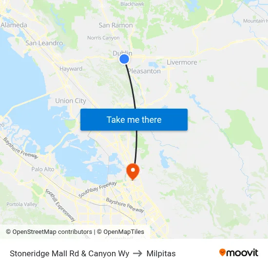 Stoneridge Mall Rd & Canyon Wy to Milpitas map