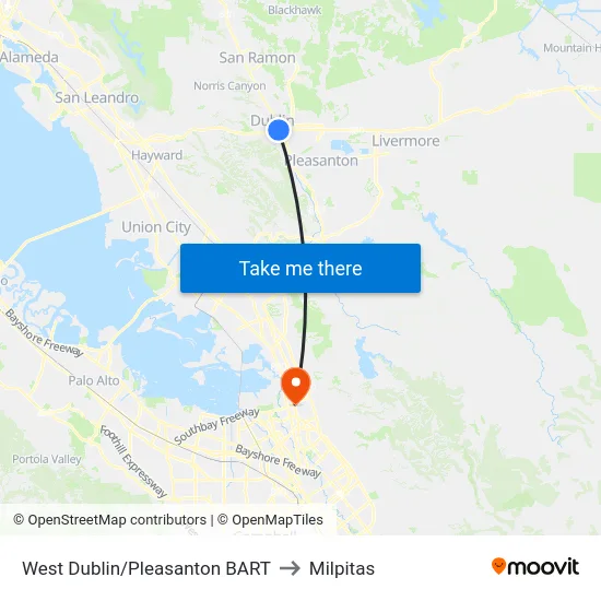 West Dublin/Pleasanton BART to Milpitas map