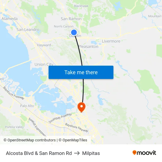 Alcosta Blvd & San Ramon Rd to Milpitas map