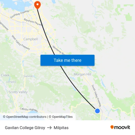 Gavilan College Gilroy to Milpitas map