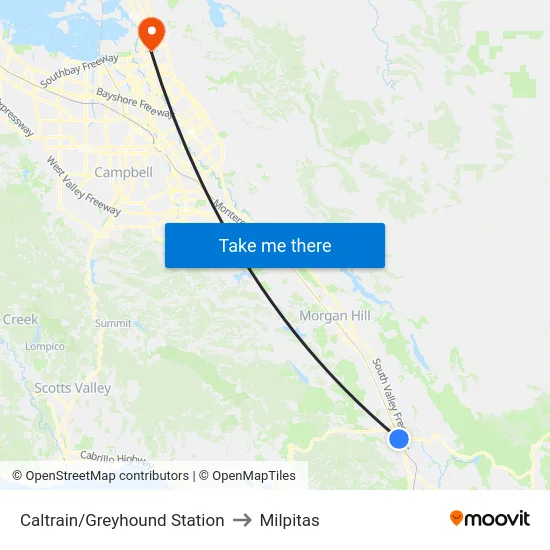Caltrain/Greyhound Station to Milpitas map