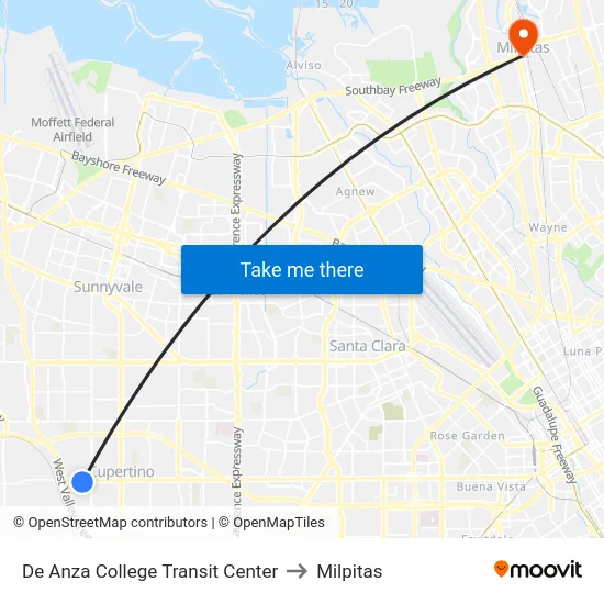 De Anza College Transit Center to Milpitas map